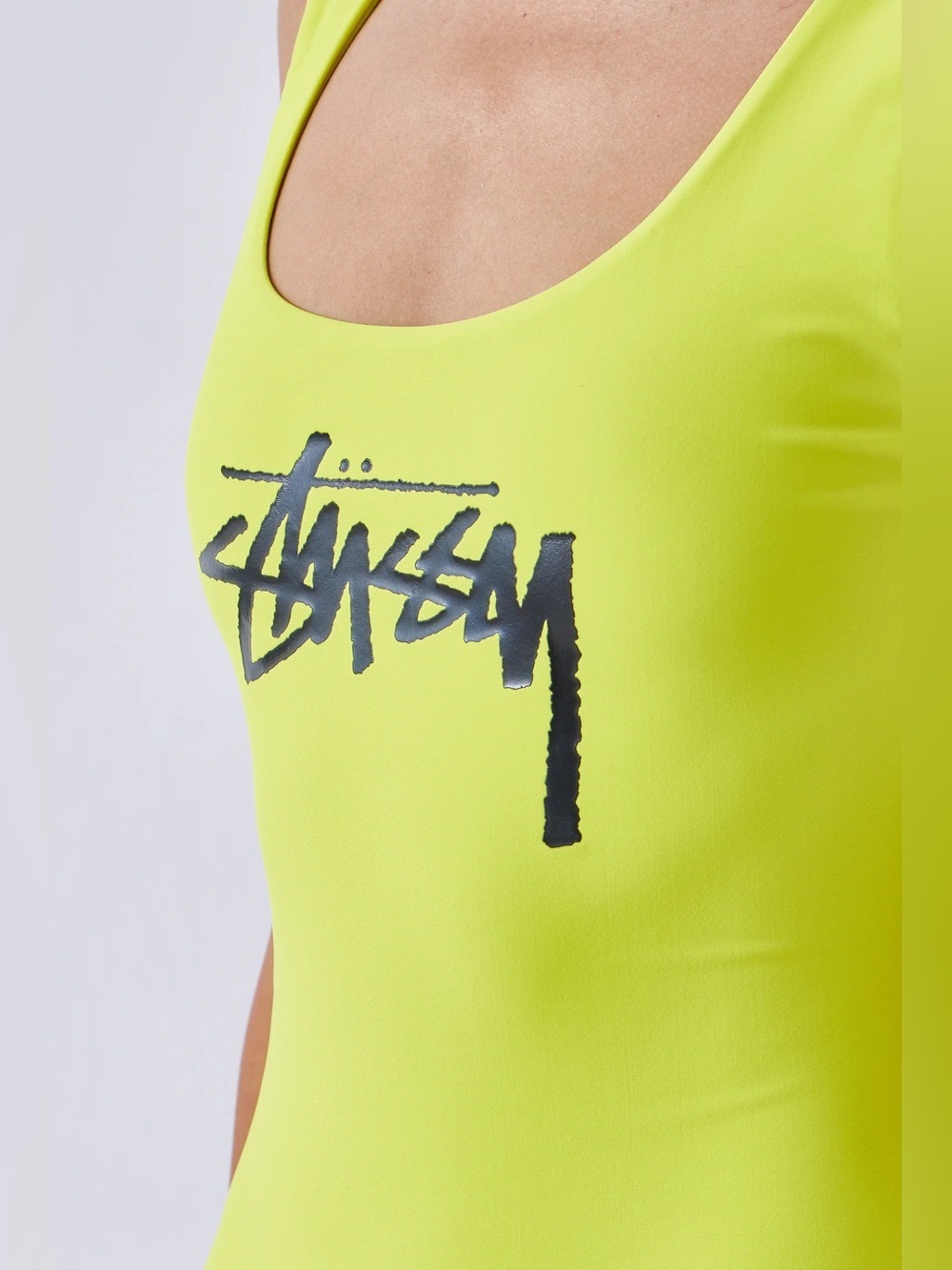 Rare! Stüssy Neon Yellow & Green Black Logo One-Piece Swimsuit Bodysuit. Size L